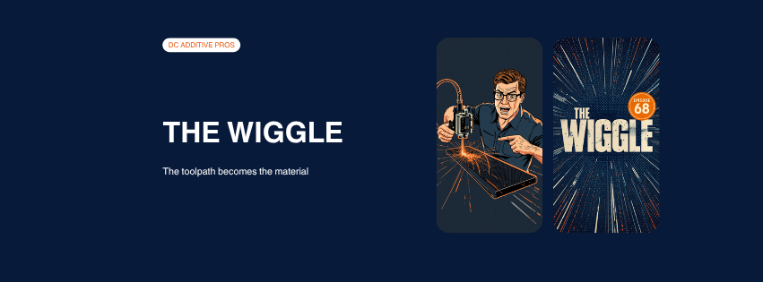 Episode 68 comic cover, The Wiggle: a comic engineer watches a 3D printer nozzle trace a glowing orange sine wave through a carbon fiber beam, sparks flying, speed lines behind, navy and orange, DC Additive Pros