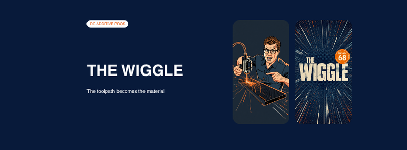 Episode 68 comic cover, The Wiggle: a comic engineer watches a 3D printer nozzle trace a glowing orange sine wave through a carbon fiber beam, sparks flying, speed lines behind, navy and orange, DC Additive Pros