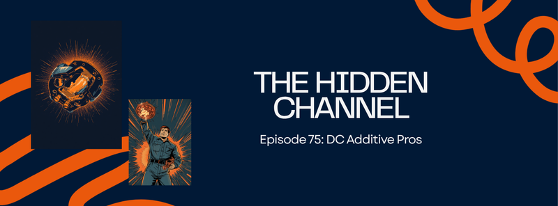 Episode 75 comic cover, The Hidden Channel: a comic engineer holds up a glowing orange suspension knuckle with an internal fluid channel, navy and orange, DC Additive Pros