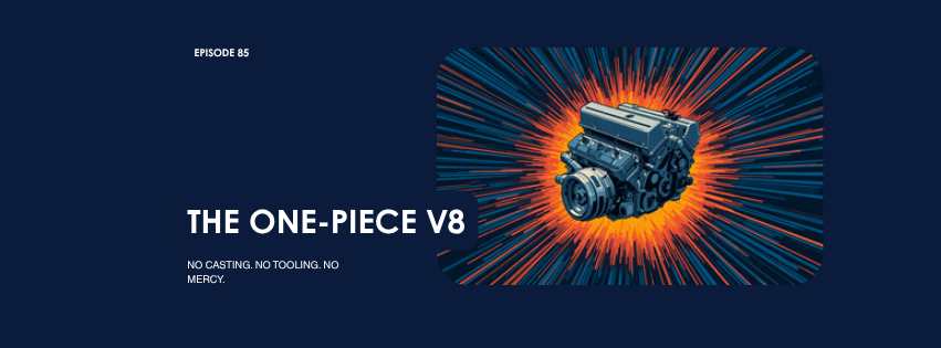Comic style episode 85 cover showing a V8 engine block bursting out of an orange speed line explosion on a navy background, titled The One-Piece V8