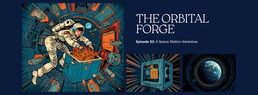 Episode 53 comic-style cover, The Orbital Forge: an astronaut retrieves a glowing orange 3D printed metal part from a printer aboard a space station, Earth visible through a porthole, navy and orange, DC Additive Pros