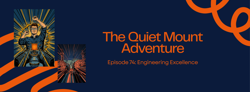 Episode 74 comic cover, The Quiet Mount: comic panels of an engineer holding a glowing orange honeycomb sensor mount while vibration waves burst around it, navy and orange, DC Additive Pros