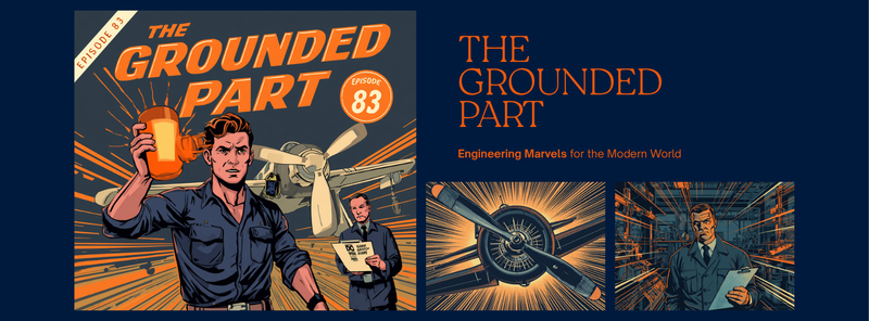 Episode 83 comic cover, The Grounded Part: a comic engineer holds up a glowing orange 3D printed cup holder in front of a vintage propeller airplane while an inspector with a clipboard looks on, Episode 83 badge, navy and orange, DC Additive Pros