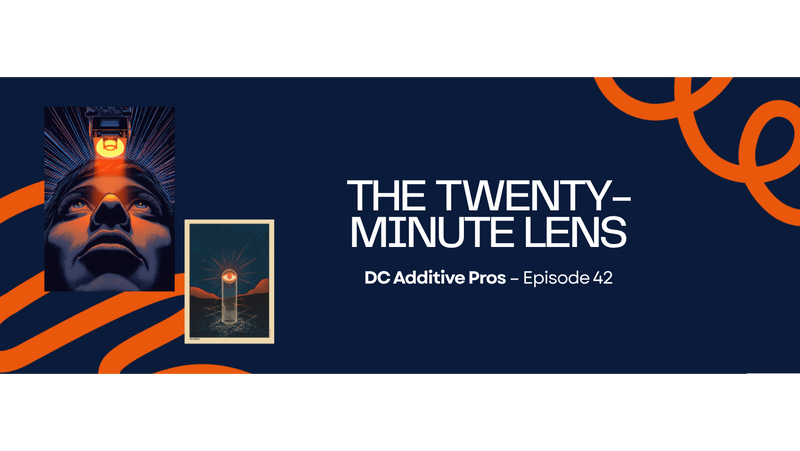 Episode 42 comic-style cover, The Twenty-Minute Lens: a person looks up as a glowing orange 3D printed contact lens descends toward their eye, navy and orange
