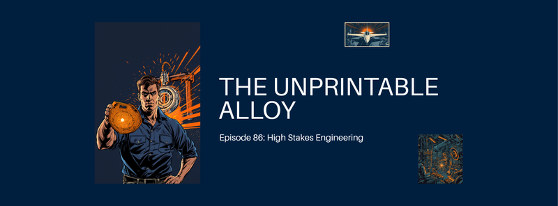 Episode 86 comic cover, The Unprintable Alloy: a comic engineer in a navy work shirt holds up a glowing orange aircraft bracket beside a laser 3D printer with orange sparks, navy and orange, DC Additive Pros