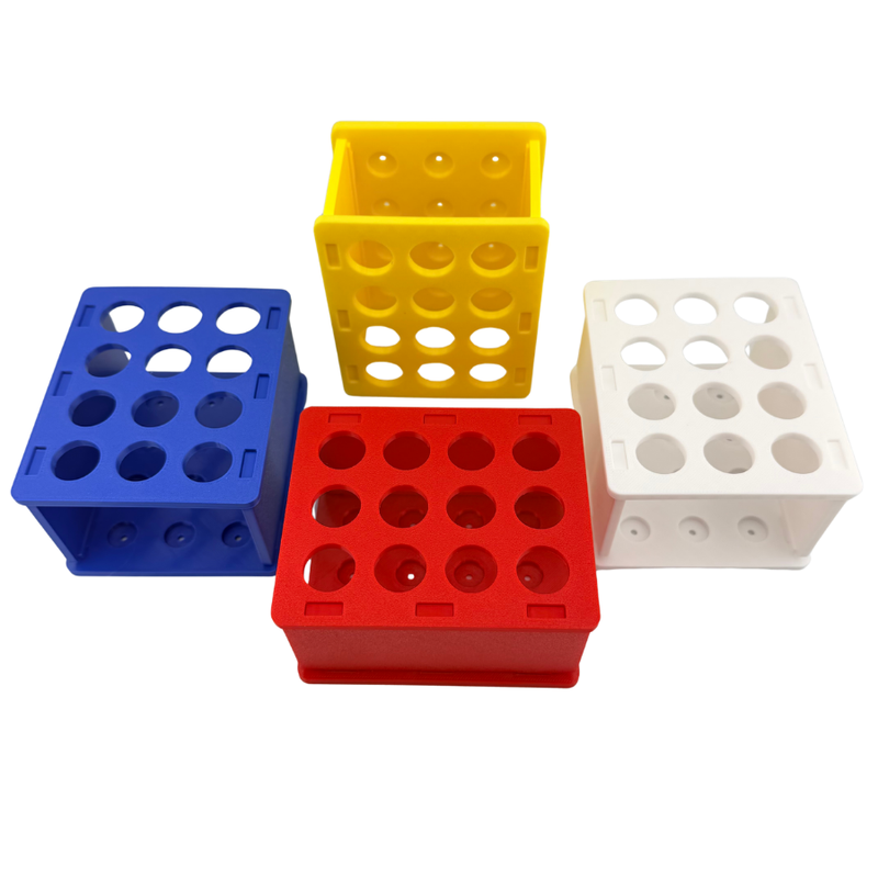 Four 3D printed 12-well test tube racks for 15 mL conical centrifuge tubes in red, white, blue, and yellow, made to order in the USA by DC Additive Pros