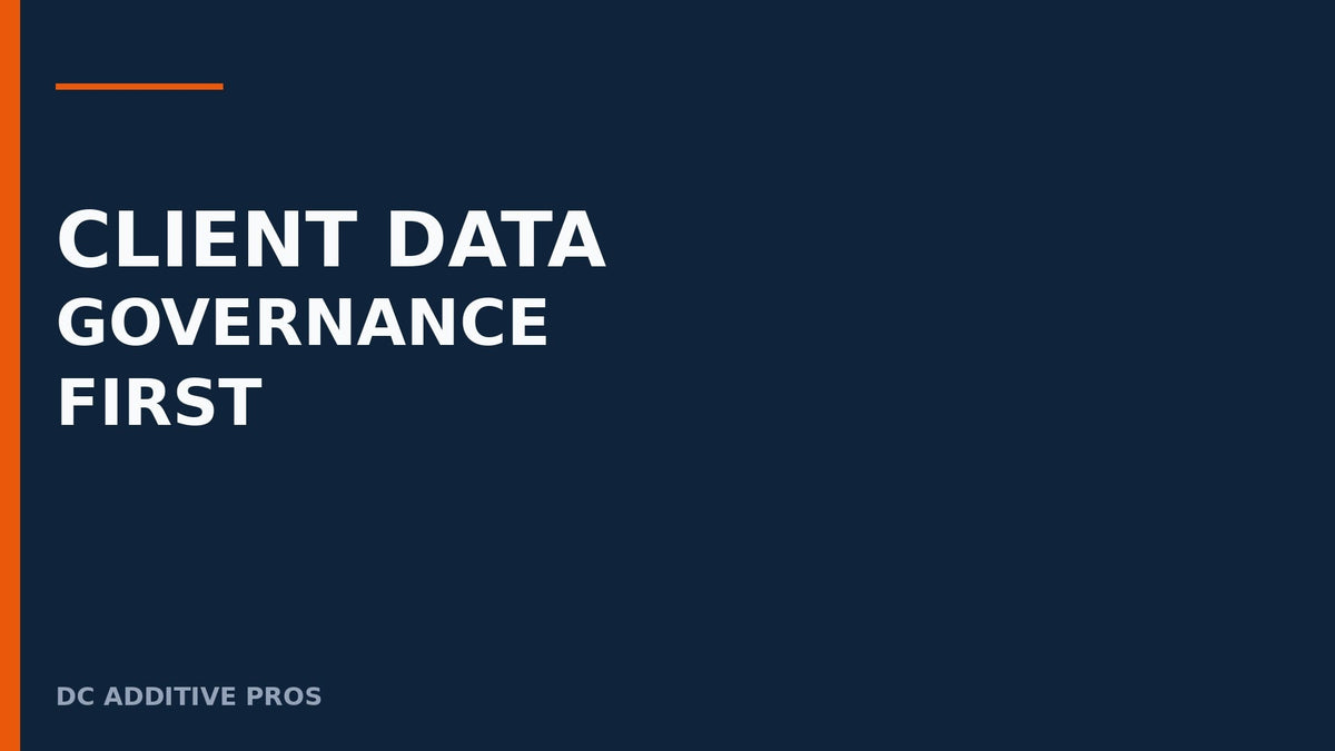 Navy cover with orange accent reading CLIENT DATA GOVERNANCE FIRST