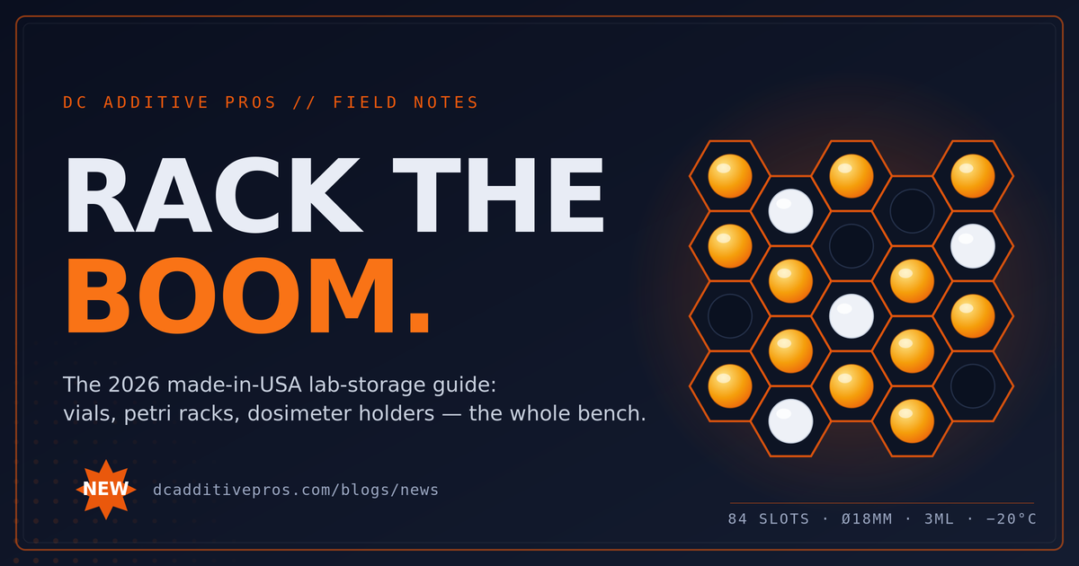 Comic-style banner reading 'Rack the Boom' beside a honeycomb vial rack holding amber research vials — DC Additive Pros made-in-USA lab storage.