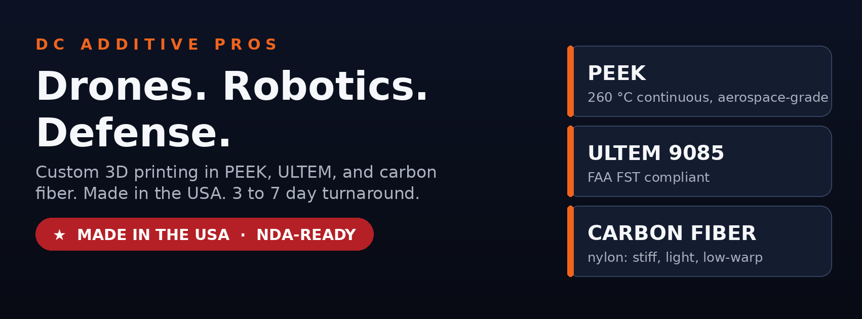 Custom 3D printing for drones, robotics, and defense in PEEK, ULTEM, and carbon fiber. DC Additive Pros, Made in USA