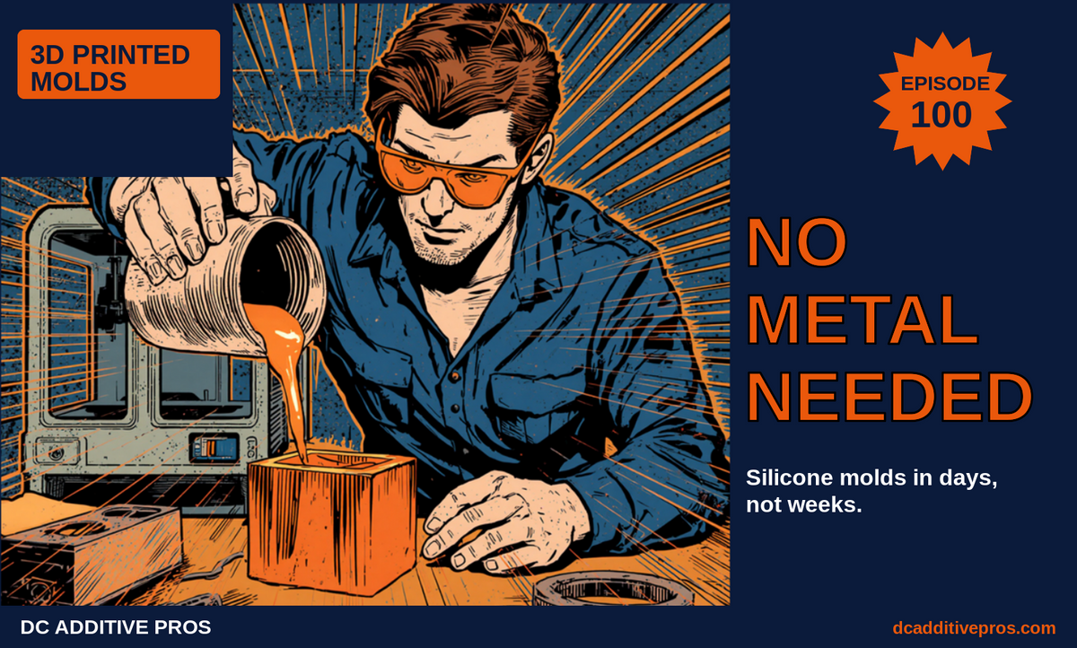 Episode 100 comic cover, No Metal Needed: a comic engineer in orange safety glasses pours glowing orange silicone into an orange 3D printed mold beside a desktop 3D printer, navy and orange, DC Additive Pros