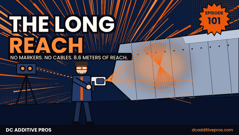 Episode 101 comic cover, The Long Reach: a comic engineer in orange safety glasses aims a handheld laser 3D scanner at a large aircraft wing while a tracker on a tripod follows from across the room, navy and orange, DC Additive Pros