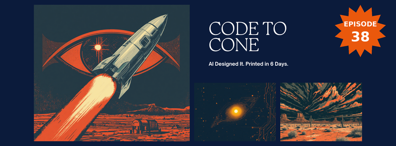 Episode 38 comic-style cover, Code to Cone: a retro rocket cone climbs over a desert proving ground with an AI eye motif in navy and orange