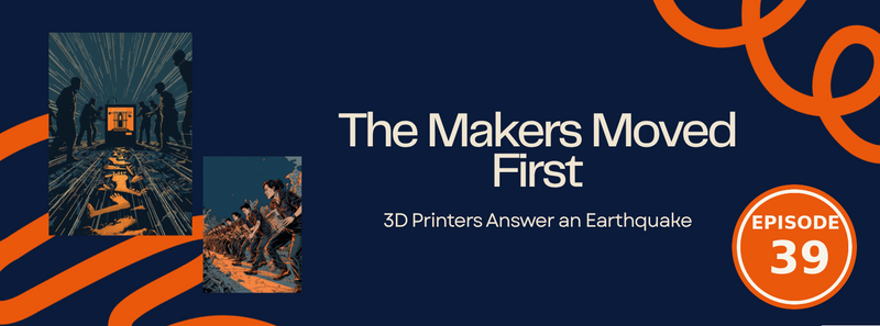 Episode 39 comic-style cover, The Makers Moved First: volunteers pass 3D printed splints along a relay line beside a glowing printer after the Venezuela earthquake, navy and orange