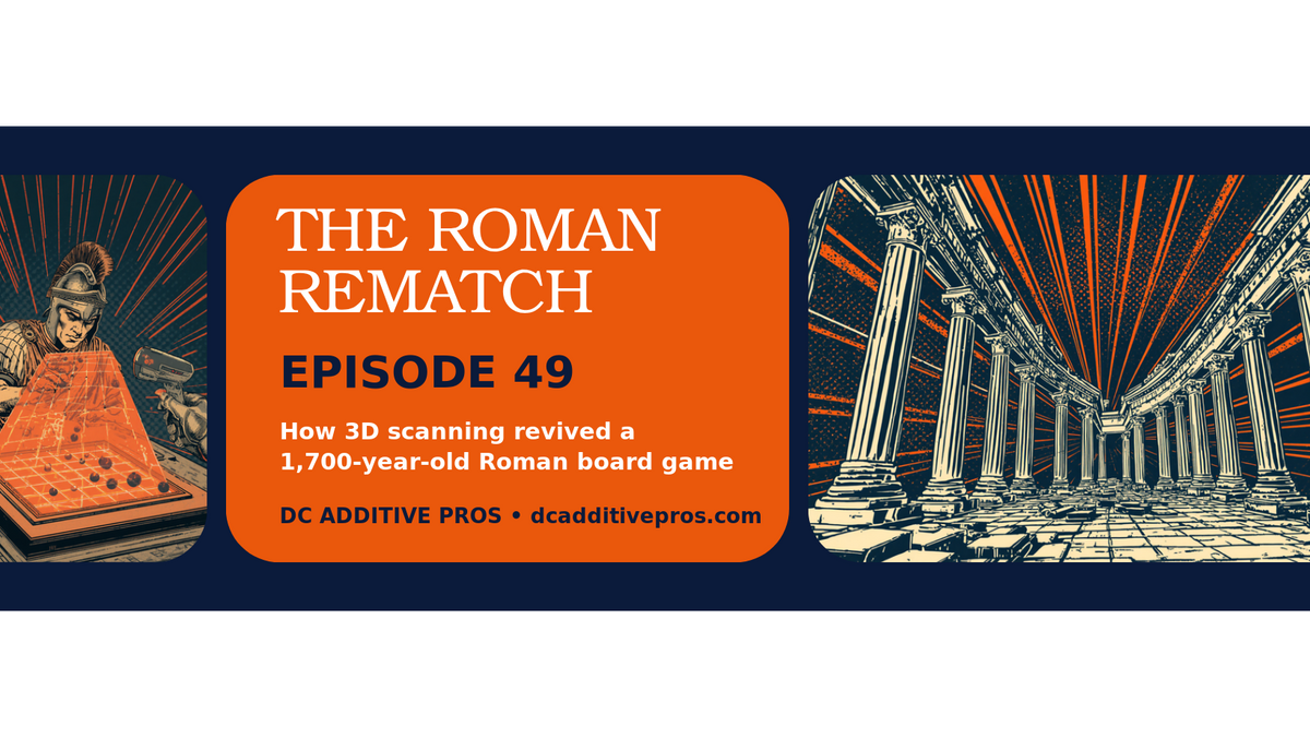 Episode 49 comic-style cover, The Roman Rematch: a Roman centurion studies a glowing orange game board as a handheld 3D scanner sweeps it, navy and orange, DC Additive Pros