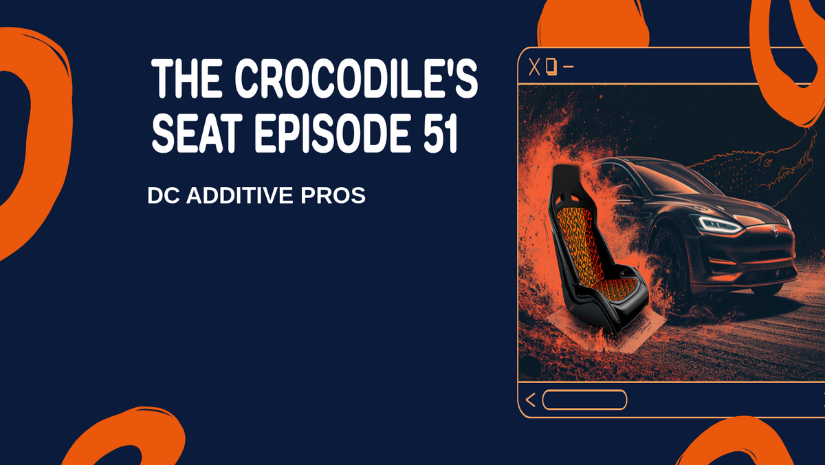Episode 51 comic-style cover, The Crocodile's Seat: an electric rally car drifts through orange dust beside a racing bucket seat with a glowing 3D-printed lattice core, a crocodile silhouette in the shadows, navy and orange, DC Additive Pros