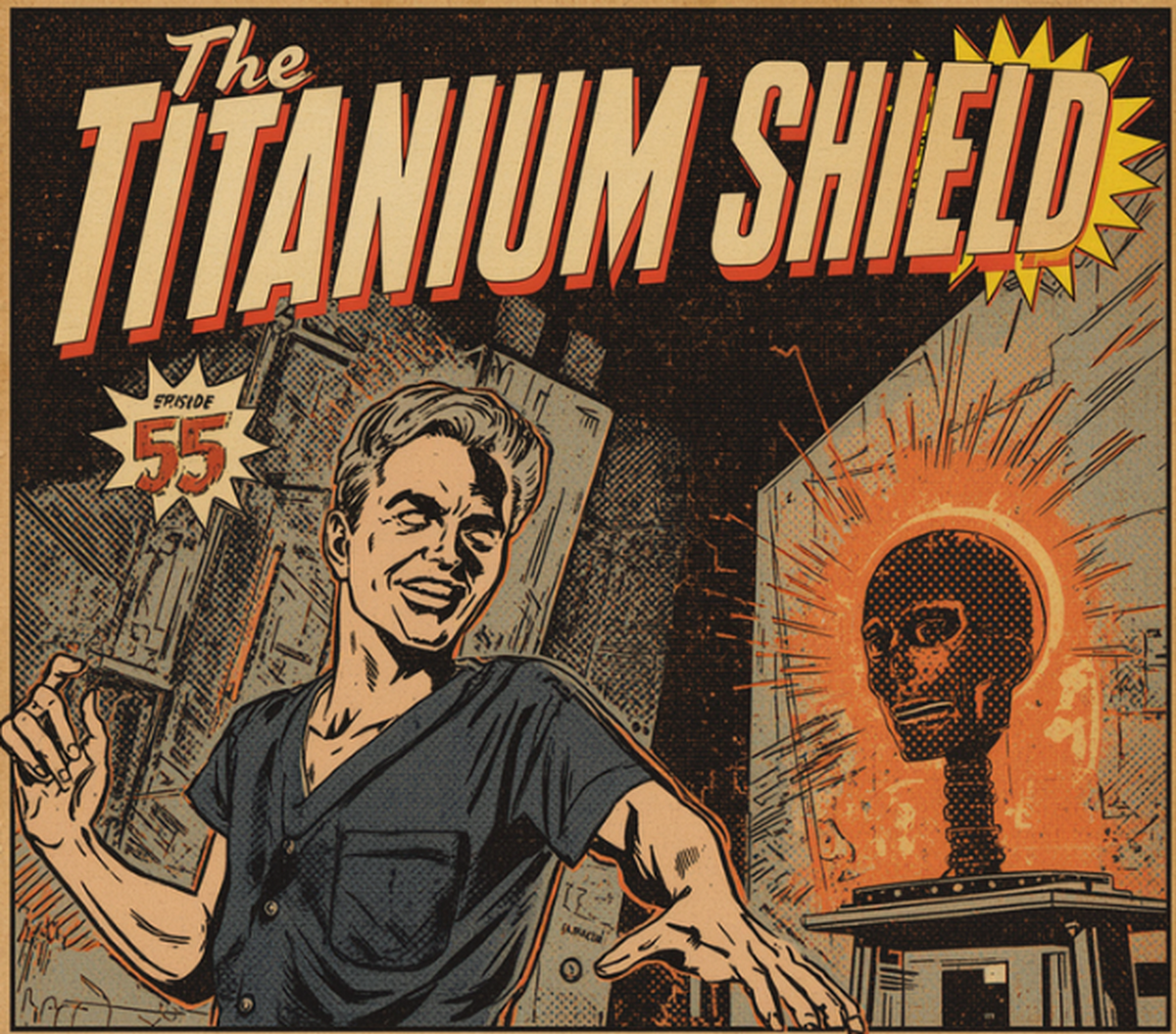 Episode 55 comic-style cover, The Titanium Shield: a surgeon in navy scrubs gestures toward a glowing orange titanium cranial implant on a pedestal in a vintage comic hospital lab, halftone texture, navy and orange, DC Additive Pros