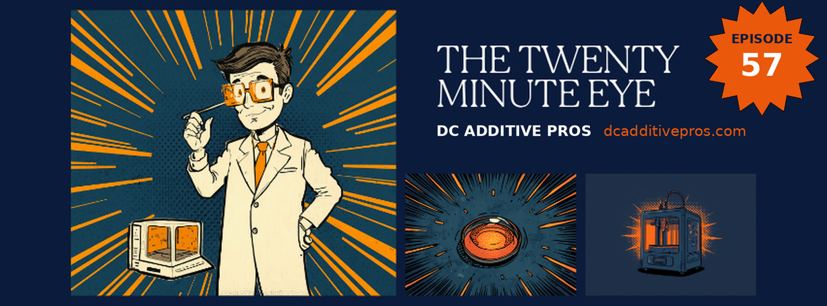 Episode 57 comic-style cover, The Twenty Minute Eye: a comic optometrist in a lab coat holds up a glowing orange 3D printed contact lens with tweezers beside a resin printer, orange speed lines and halftone over navy, DC Additive Pros
