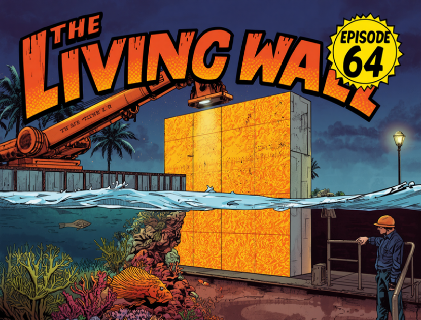 Episode 64 comic cover, The Living Wall: an orange robotic 3D printer gantry extrudes a glowing textured concrete seawall while coral and fish shelter below the waterline, navy and orange, DC Additive Pros