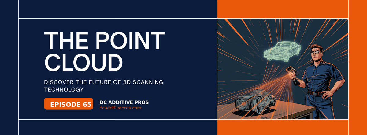 Episode 65 comic cover, The Point Cloud: a comic engineer in a navy work shirt scans a vintage car part with a palm sized handheld laser scanner, glowing orange laser lines and a wireframe point cloud car floating above, navy and orange, DC Additive Pros
