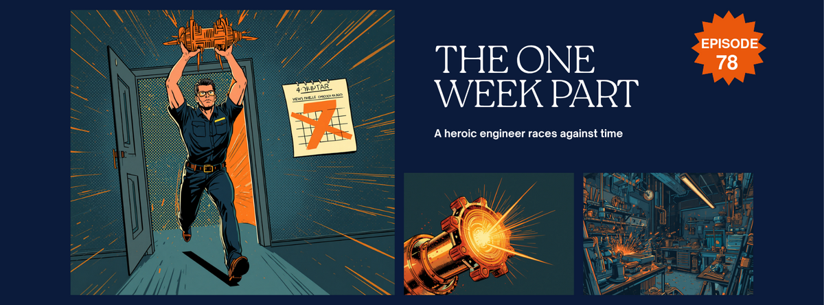 Episode 78 comic cover, The One Week Part: a comic engineer sprints through a workshop doorway holding a glowing orange machine part overhead, a wall calendar with seven days crossed out behind him, navy and orange, DC Additive Pros