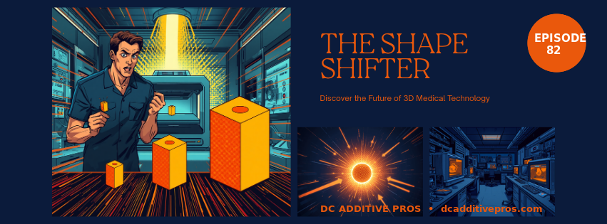 Episode 82 comic cover, The Shape Shifter: a comic engineer watches a glowing orange 3D printed part grow in three stages beside a light-based printer, Episode 82 badge, navy and orange, DC Additive Pros