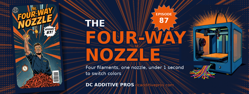 Episode 87 comic cover, The Four-Way Nozzle, a comic engineer holds up a glowing orange four-channel 3D printer nozzle beside a stopwatch and a pile of purge filament, navy and orange, DC Additive Pros