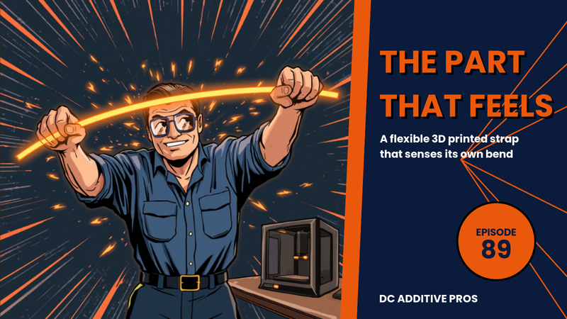 Episode 89 comic cover, The Part That Feels: a comic engineer stretches a glowing orange flexible 3D printed strap between both hands beside a desktop 3D printer, navy and orange, DC Additive Pros