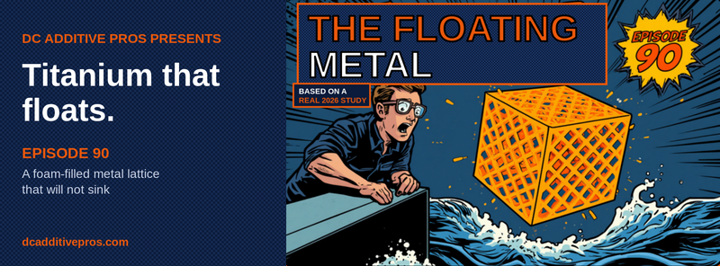 Episode 90 comic cover, The Floating Metal: a comic engineer in a navy work shirt leans over a dock in shock as a glowing orange 3D printed titanium lattice cube floats on ocean waves, Episode 90 badge, navy and orange, DC Additive Pros