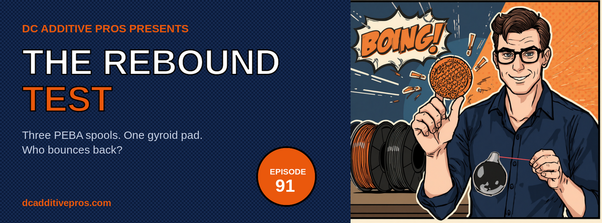 Episode 91 comic cover, The Rebound Test: a comic engineer in a navy shirt and glasses holds up an orange 3D printed gyroid pad as a steel ball bounces off it with a BOING, three filament spools on the bench behind him, navy and orange, DC Additive Pros