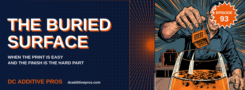 Episode 93 comic cover, The Buried Surface: a comic engineer in a navy work shirt lowers a glowing orange 3D printed aluminum lattice cube into a tank of bubbling electrolyte beside a desktop 3D printer, Episode 93 badge, navy and orange, DC Additive Pros