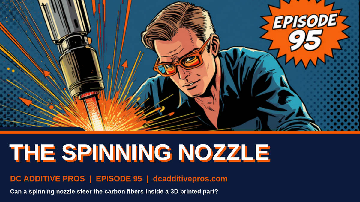 Episode 95 comic cover, The Spinning Nozzle: a comic engineer in a navy work shirt and orange safety glasses leans over a glowing, spinning 3D printer nozzle throwing orange sparks, Episode 95 badge, navy and orange, DC Additive Pros