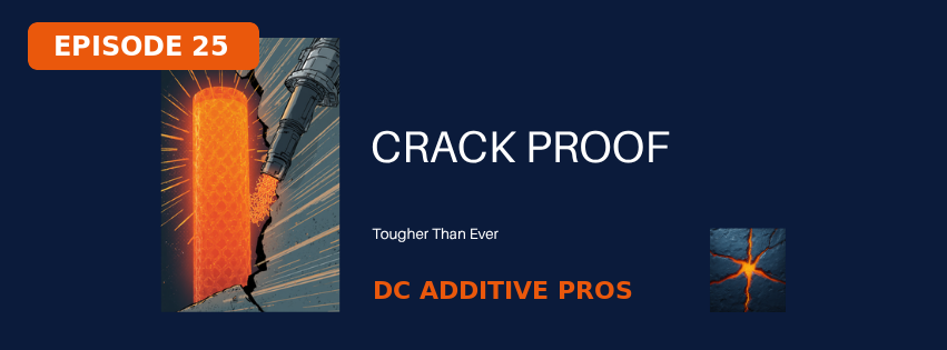 Comic-style episode cover, Episode 25: CRACK PROOF. A glowing orange deep-sea glass sponge lattice and a 3D printer nozzle extruding concrete over a cracked wall, navy and orange DC Additive Pros branding.