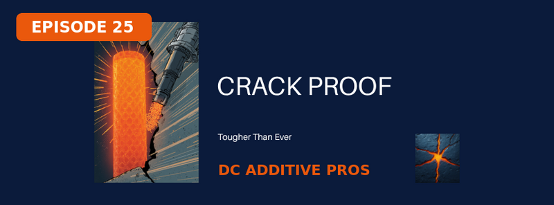 Comic-style episode cover, Episode 25: CRACK PROOF. A glowing orange deep-sea glass sponge lattice and a 3D printer nozzle extruding concrete over a cracked wall, navy and orange DC Additive Pros branding.
