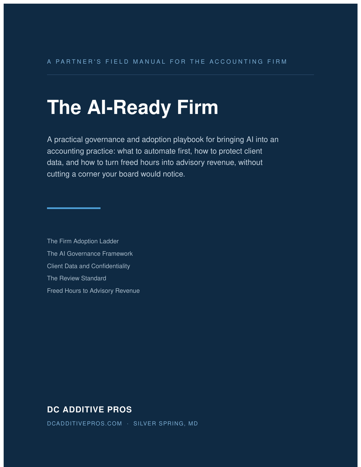 Cover of The AI-Ready Firm, a partner's governance and adoption playbook for AI in an accounting practice