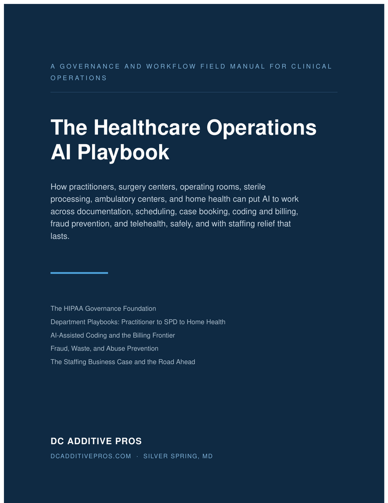 The Healthcare Operations AI Playbook cover, DC Additive Pros