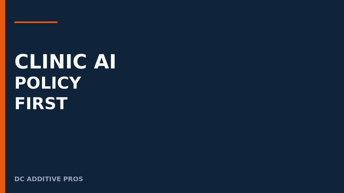 Navy cover with orange accent reading CLINIC AI POLICY FIRST