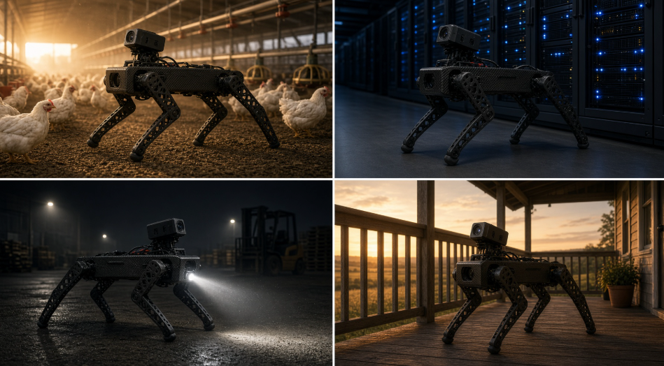 Muphrid quadruped inspection robot concept in four environments: poultry barn, data center, warehouse, and home porch
