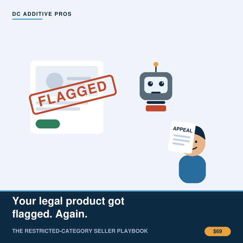 Comedic illustration: a seller's legal product listing gets stamped FLAGGED by a bot, seller holds an appeal. The Restricted-Category Seller Playbook.