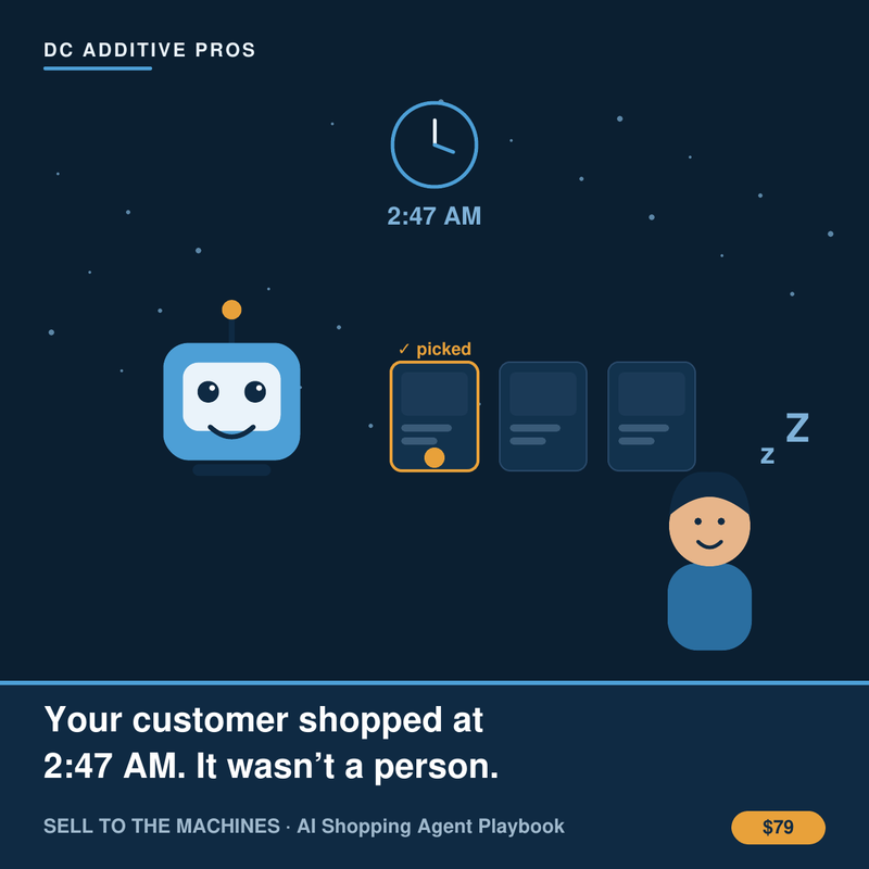 Comedic illustration: an AI shopping agent buys at 2:47 AM while the seller sleeps. Sell to the Machines, AI shopping agent playbook.