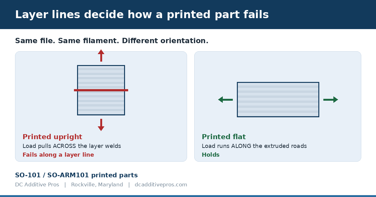 Diagram comparing an SO-101 part printed upright, where load pulls across the layer welds and it fails along a layer line, with the same part printed flat, where load runs along the extruded roads and it holds