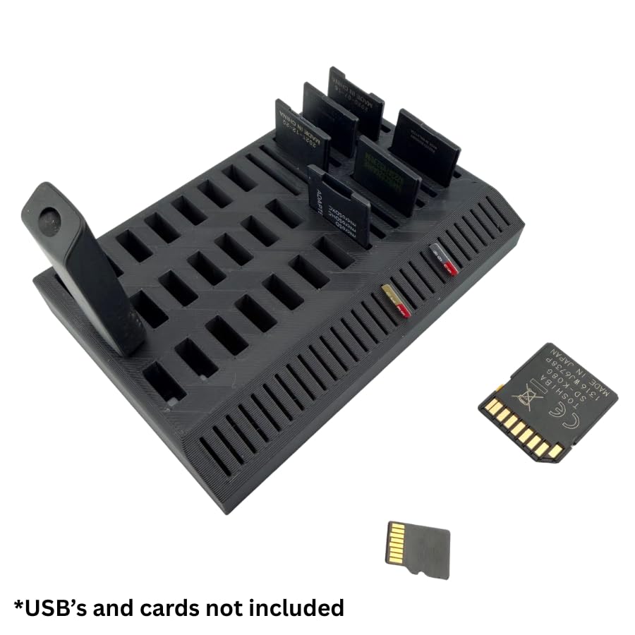 USB Flash Drive & SD/Micro Card Organizer Holder - Holds 21 USB, 16 SD, 29 Micro - Black Desktop Stand with Non-Slip Feet, USA Made