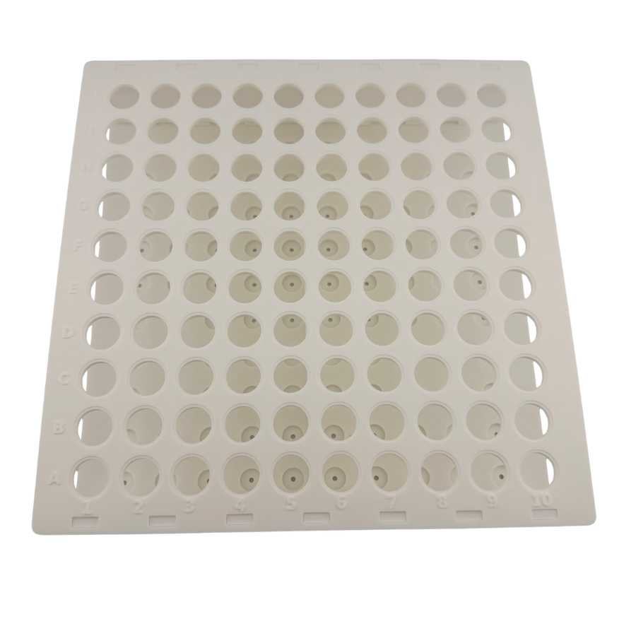 15mL Conical Centrifuge Tube Rack, 100 Place 10x10 Alphanumeric Grid with Drain Holes | White, Made in USA
