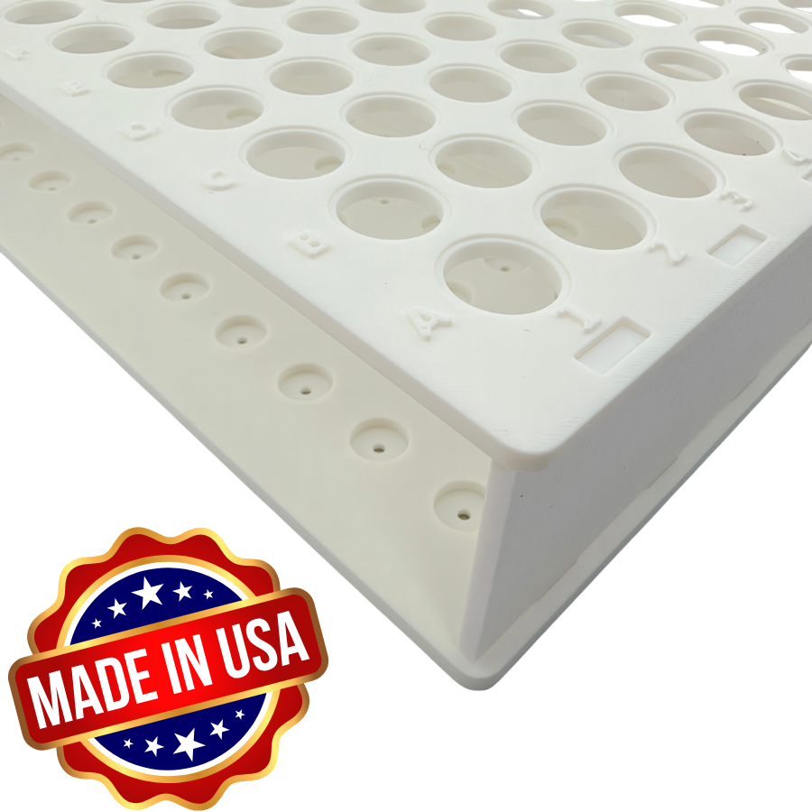 15mL Conical Centrifuge Tube Rack, 100 Place 10x10 Alphanumeric Grid with Drain Holes | White, Made in USA