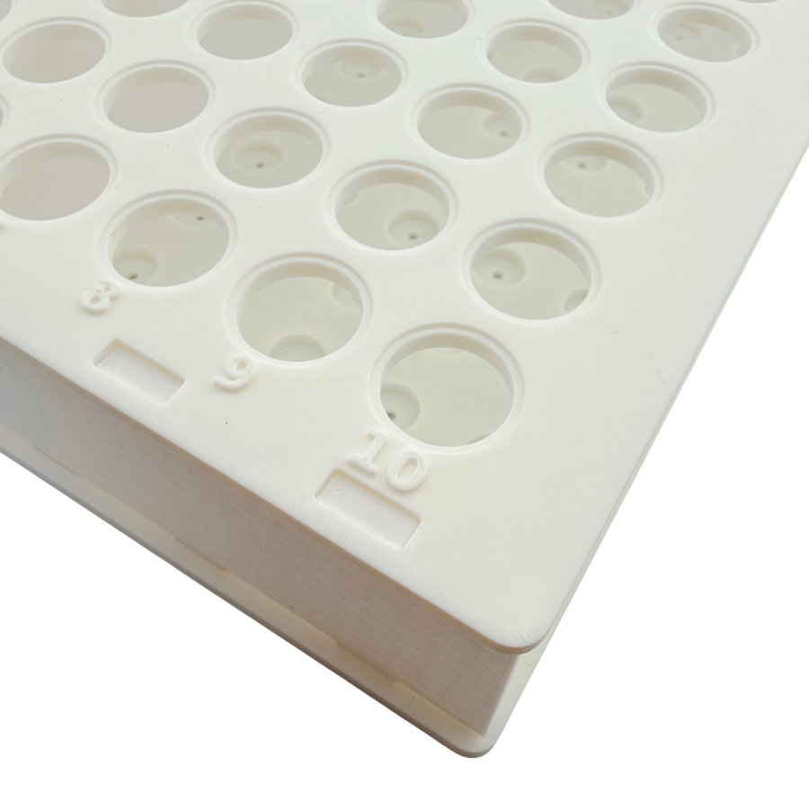 15mL Conical Centrifuge Tube Rack, 100 Place 10x10 Alphanumeric Grid with Drain Holes | White, Made in USA