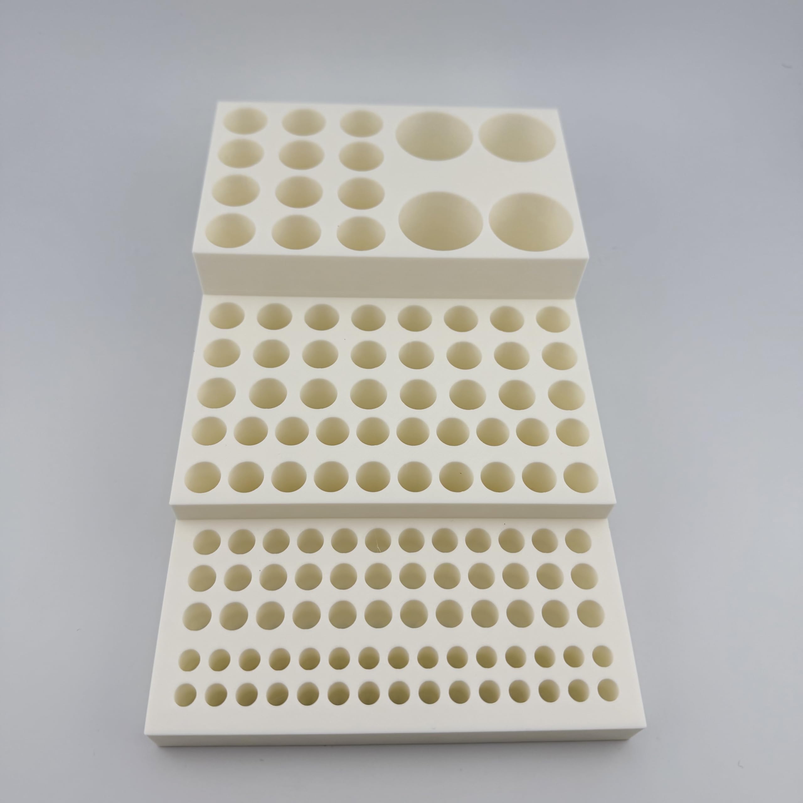 Multi-Size Polymer Test Tube Rack Holder, 134 Holes for 5-28mm Tubes, Lab Centrifuge Tube Stand Organizer with Stepped Layout, USA Made (White)