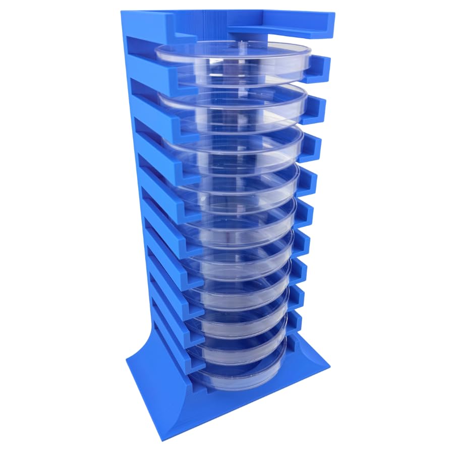 Petri Dish Holder Tower, 11-Slot Vertical Rack for 90 mm Plates, Space-Saving Lab Organizer for Microbiology and Research Benches, Durable Polymer Construction, Made in USA