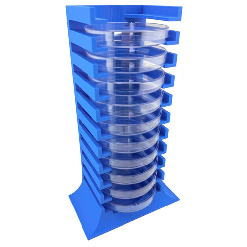 Petri Dish Holder Tower, 11-Slot Vertical Rack for 90 mm Plates, Space-Saving Lab Organizer for Microbiology and Research Benches, Durable Polymer Construction, Made in USA