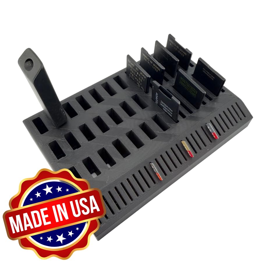USB Flash Drive & SD/Micro Card Organizer Holder - Holds 21 USB, 16 SD, 29 Micro - Black Desktop Stand with Non-Slip Feet, USA Made