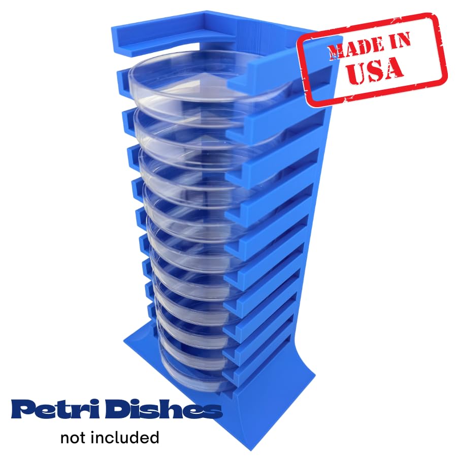 Petri Dish Holder Tower, 11-Slot Vertical Rack for 90 mm Plates, Space-Saving Lab Organizer for Microbiology and Research Benches, Durable Polymer Construction, Made in USA