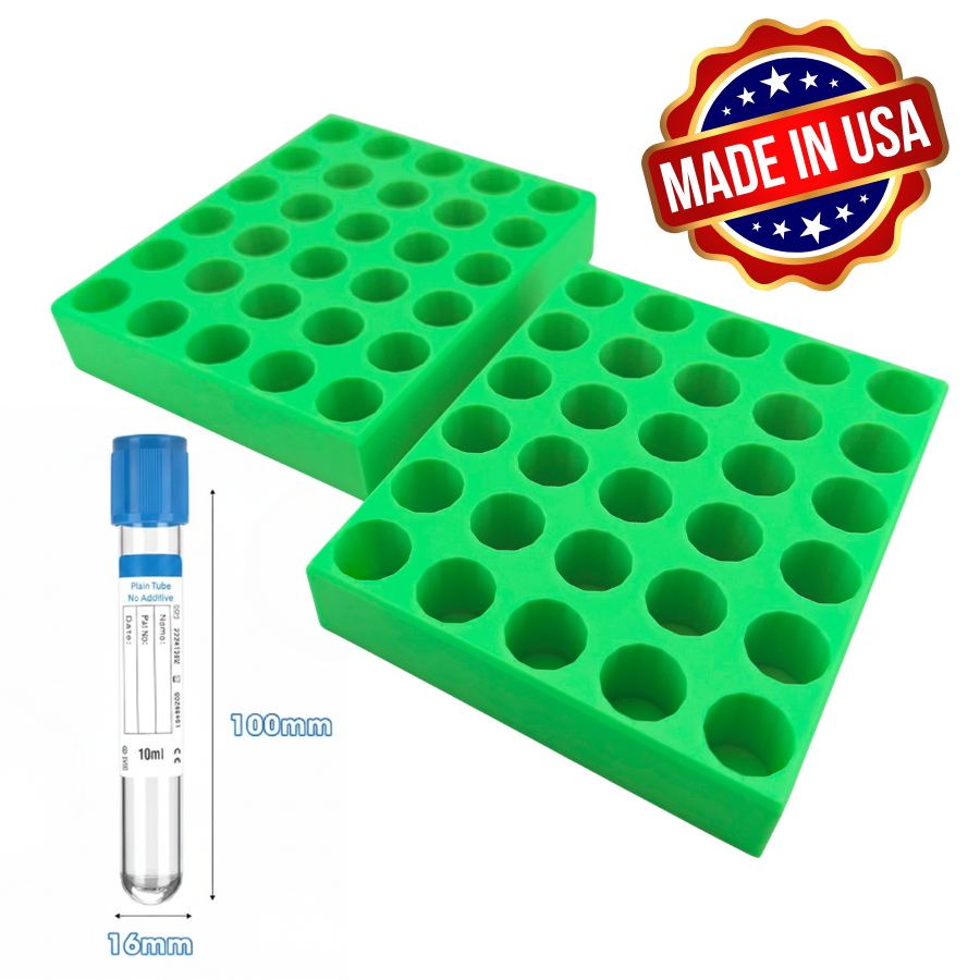 Blood Collection Tube Holder 2 Pack, Green Rack for 16mm 10ml Tubes, Made in USA